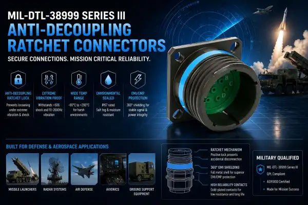 Why does the D38999 III use anti-decoupling ratchets for missile launchers?